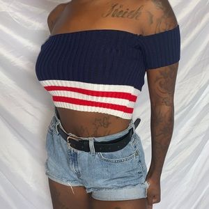Navy blue red and white stripe crop top